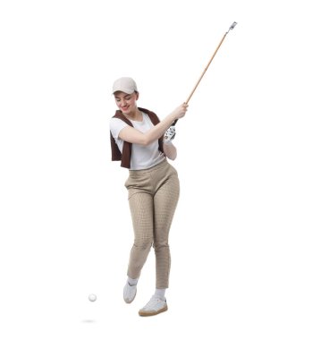 Beyaz arka planda golf sopası ve topu olan kadın.