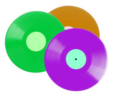 Beyaz arkaplanda üç renkli vinil plak