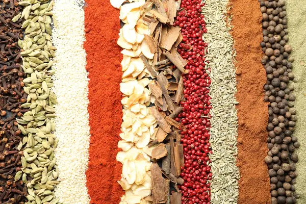 Arka plan olarak birçok farklı baharat, üst görünüm