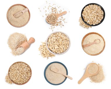 Yulaf kepeği, tam tahıllar ve yuvarlanmış taneler beyazda izole edilmiş, set. Üst görünüm