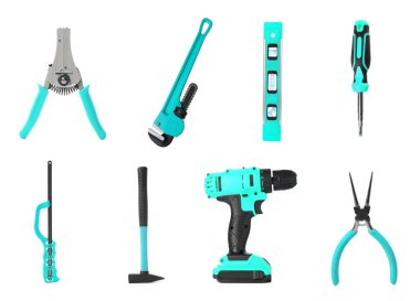 Beyaz arkaplanda farklı inşaat araçları, kolaj