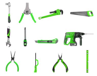 Beyaz arkaplanda farklı inşaat araçları, kolaj