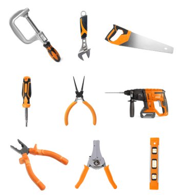 Beyaz arkaplanda farklı inşaat araçları, kolaj