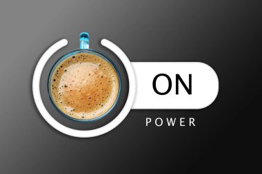 Power On söz ve bekleme sembolü ile siyah arka planda bir fincan kahve, üst görünüm