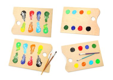 Beyaz renkte izole edilmiş odun paletler ve fırçalar, kolaj.