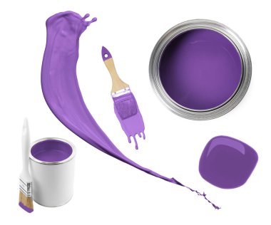 Mor boya. Kutularla kolaj, damla, sıçrama ve fırçalar beyaz arkaplanda