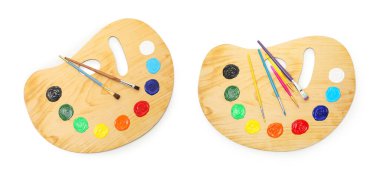 Beyaz renkte izole edilmiş odun paletler ve fırçalar, kolaj.