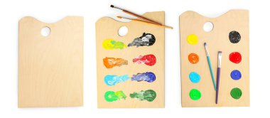 Boya ve fırçalı ahşap paletler beyaza izole edilmiş, kolaj