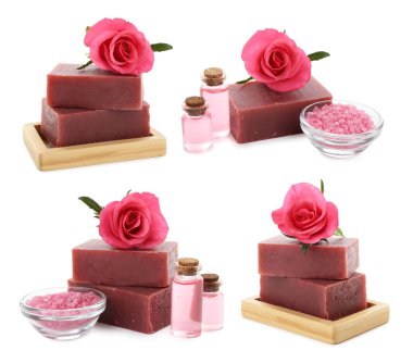 Güllü sabunlar ve beyaza izole edilmiş gerekli yağ, kolaj