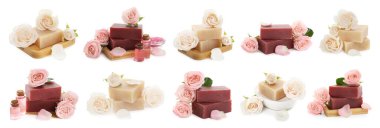 Güllü sabunlar ve beyaza izole edilmiş gerekli yağ, kolaj