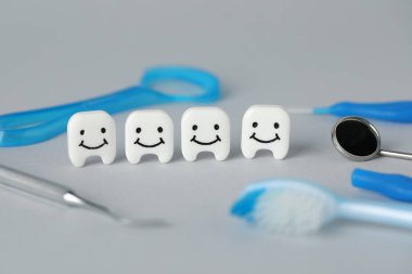 Açık gri arka planda farklı oral bakım ürünleri ve diş modelleri, yakın plan