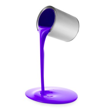 Beyaz arka planda konserve kutusundan dökülen çivit rengi boya