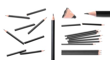 Beyaz arkaplanda birçok grafit kalem, kolaj