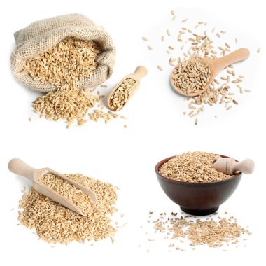 Beyaz arka planda tam yulaf taneleri, ayarla