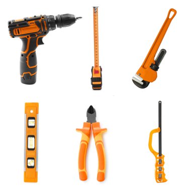 Beyaz arkaplanda farklı inşaat araçları, kolaj