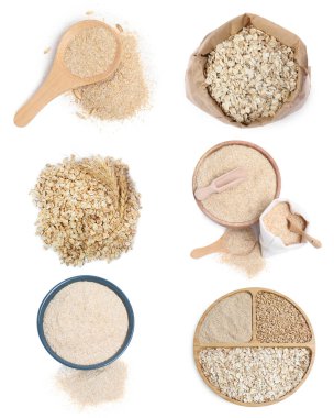 Yulaf kepeği, tam tahıllar ve yuvarlanmış taneler beyazda izole edilmiş, set. Üst görünüm