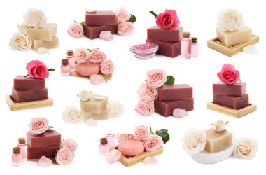 Güllü sabunlar ve beyaza izole edilmiş gerekli yağ, kolaj