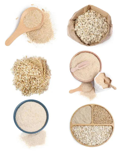 Yulaf kepeği, tam tahıllar ve yuvarlanmış taneler beyazda izole edilmiş, set. Üst görünüm
