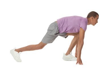 Beyaz arkaplanda başlangıç konumunda çalışan