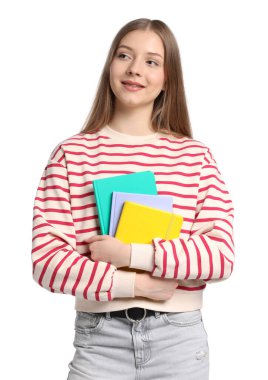 Beyaz arka plan üzerinde dizüstü bilgisayarlar ile genç kız