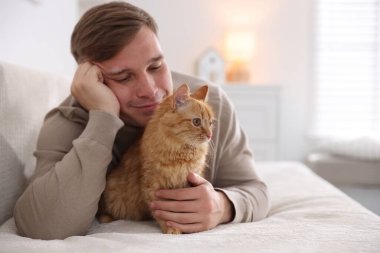 Evdeki kanepede sevimli kızıl kedili adam, seçici odaklı.