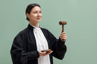 Açık yeşil arkaplanda çekiç ve ses engeli olan yargıç