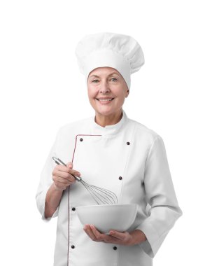 Beyaz arka planda yemek pişiren profesyonel pasta şefi.