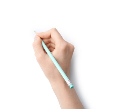 Beyaz arka planda grafit kalemi olan kadın, üst görünüm