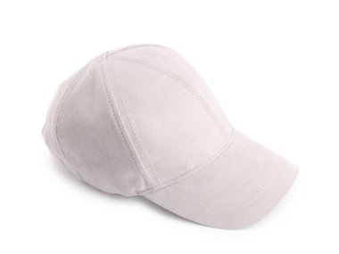 Beyazda izole edilmiş bej bir beyzbol şapkası.