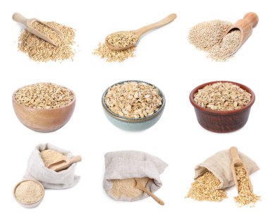 Yulaf ezmesi, tam tahıl, toz ve rulo gevrekler beyaza izole edilmiş, set.