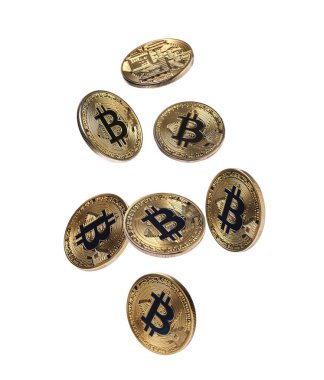 Kripto para birimi. Altın bitsikkeler beyaz arkaplana düşüyor