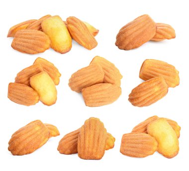 Beyaz arka planda lezzetli madeleine kekleri, kolaj