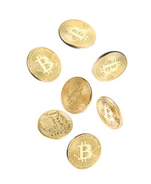 Kripto para birimi. Altın bitsikkeler beyaz arkaplana düşüyor