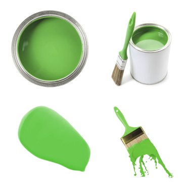 Yeşil boya. Beyaz arkaplanda teneke ve fırçalı kolaj