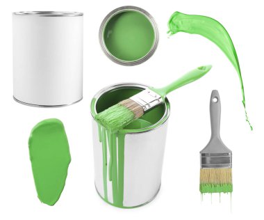 Yeşil boya. Kutularla kolaj, beyaz arkaplanda sıçrama ve fırça