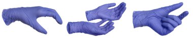 Beyaz üzerine izole edilmiş mavi nitril tıbbi eldivenler, jestler kolajı.