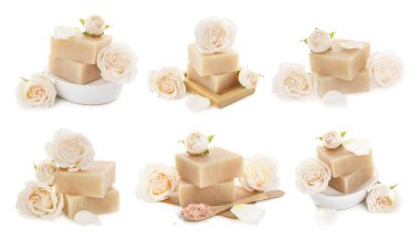 Sabun çubukları ve güller beyaza izole edilmiş, kolaj