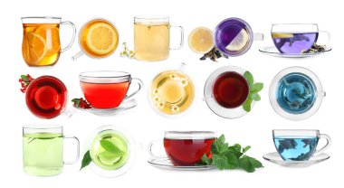 Beyaza izole edilmiş cam bardaklardaki farklı çay çeşitleri. Üst ve yan görünüm