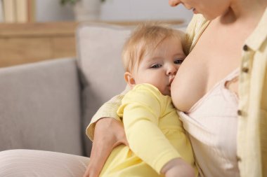 Anne küçük bebeğini koltukta emziriyor. Kapalı bir yerde.