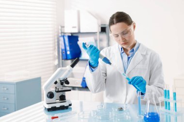 Laboratuvardaki masada Petri kabında numuneyle çalışan bilim adamı