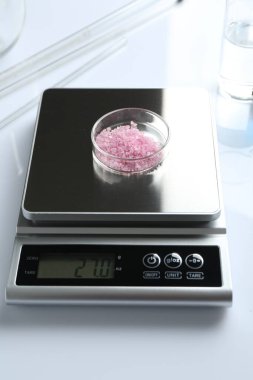 Beyaz arka planda Petri kabı ve diğer laboratuvar ekipmanları ile ölçeklendir, yakın plan