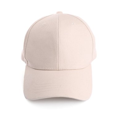 Beyazda izole edilmiş bej bir beyzbol şapkası.