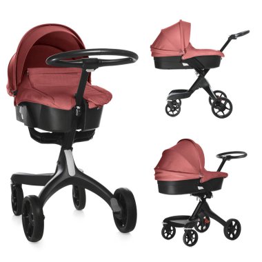 Bebek arabası. Çağdaş bebek arabası beyaz tenteli, farklı taraflarda izole edilmiş.