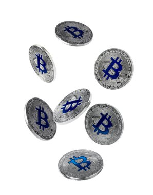 Kripto para birimi. Beyaz arkaplana düşen gümüş bitcoinler