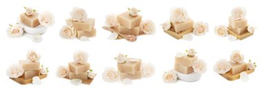 Sabun çubukları ve güller beyaza izole edilmiş, kolaj