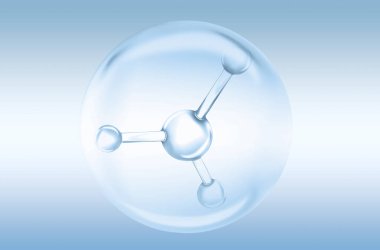 Açık mavi arkaplandaki kolajen molekülü. Cilt bakımı kozmetik solüsyonu, serum ya da öz