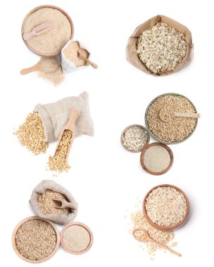Yulaf kepeği, tam tahıllar ve yuvarlanmış taneler beyazda izole edilmiş, set. Üst görünüm