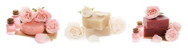Güllü sabunlar ve beyaza izole edilmiş gerekli yağ, kolaj