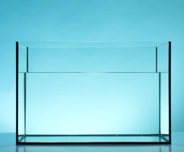 Açık mavi zemin üzerinde su bulunan cam akvaryum