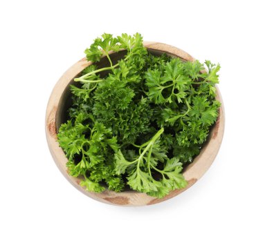 Kasede taze maydanoz, beyazda izole, üst manzara